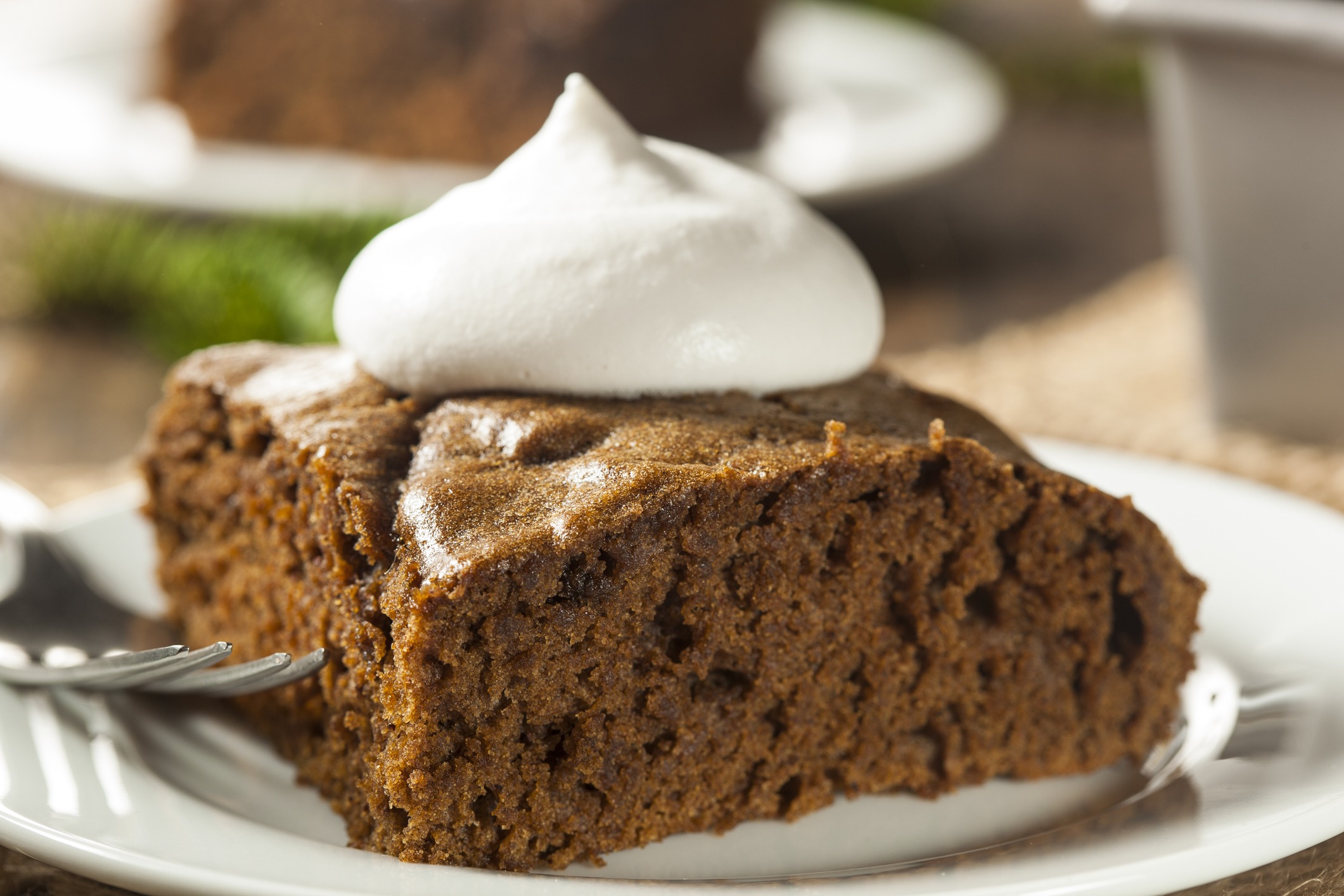 Square gingerbread cake with dollop of whipped cream. White round plate with fork to the side of the cake.