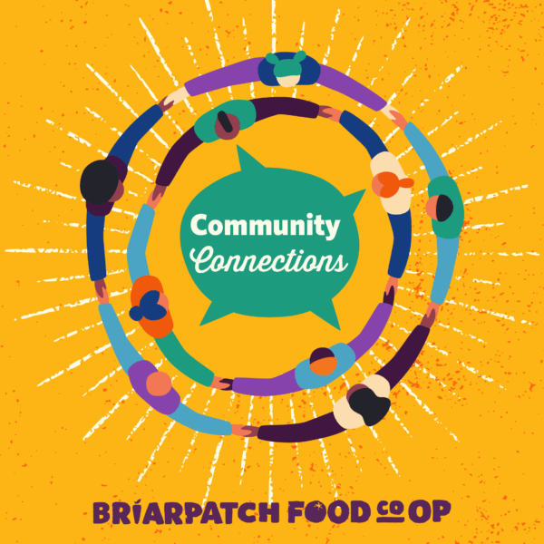 Top view of people holding hands in a circle in a flat illustration style around the title "Community Connections"