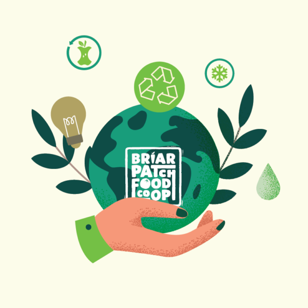 illustration of a hand gently holding a green planet with sustainability icons